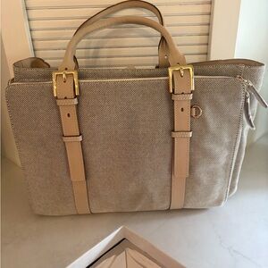 India Hicks Tan Laptop Bag with Leather Trim